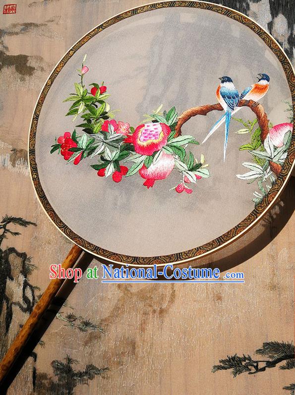 Handmade China Traditional Hanfu White Silk Fan Circular Fan Palace Fan Embroidered Pomegranate Birds Fan