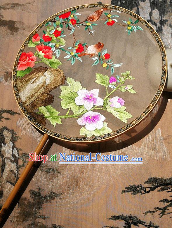 China Traditional Hanfu Silk Fan Circular Fan Embroidered Flowers Birds Fan Handmade Palace Fan