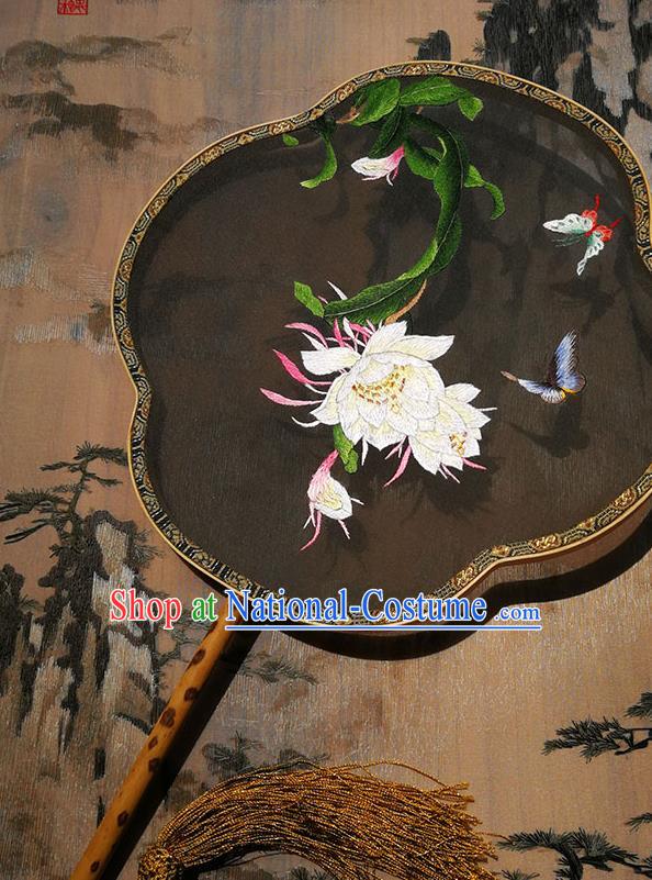 China Handmade Palace Fan Traditional Hanfu Fan Black Silk Fan Embroidered Epiphyllum Fan