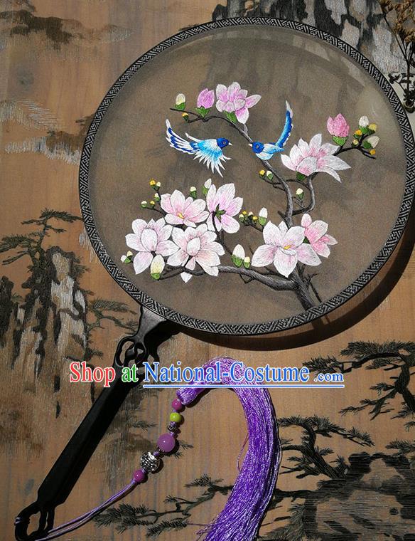 China Embroidered Mangnolia Circular Fan Handmade Black Silk Fans Palace Fan Traditional Hanfu Fan