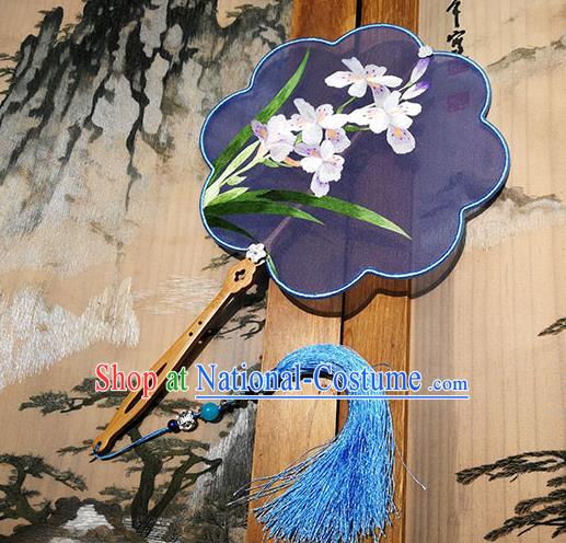 China Handmade Purple Silk Fans Traditional Hanfu Fan Palace Fan Embroidered Orchids Fan