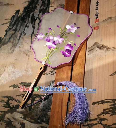 China Embroidered Purple Flowers Fan Traditional Hanfu Fan Handmade Silk Fans Palace Fan