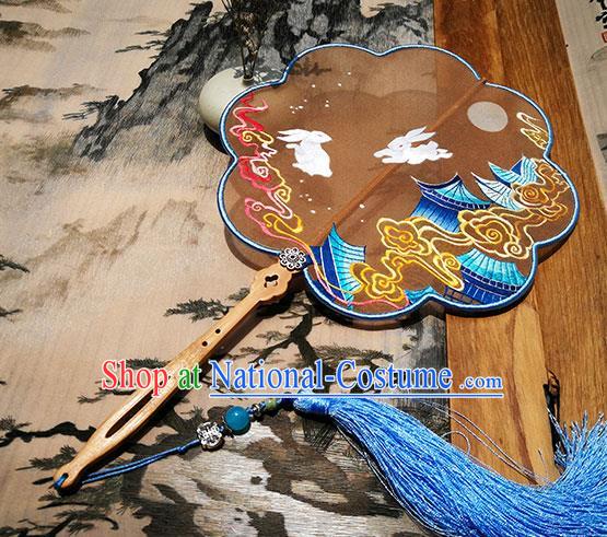 China Palace Fan Embroidered Rabbit Fan Traditional Hanfu Fan Handmade Brown Silk Fans