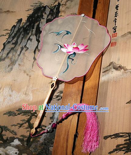 China Handmade Silk Fans Palace Fan Embroidered Lotus Fan Traditional Hanfu Fan