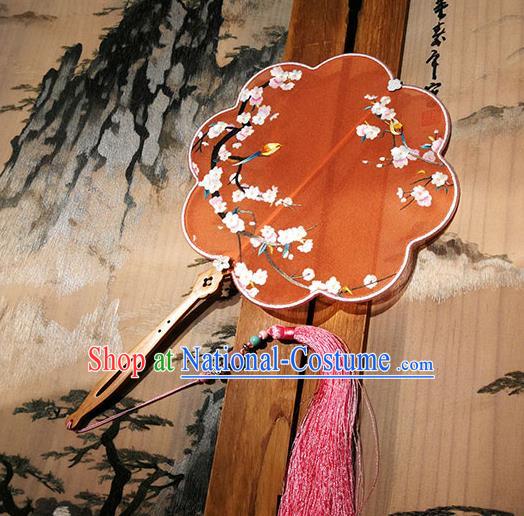 China Handmade Orange Silk Fans Palace Fan Traditional Hanfu Fan Embroidered Plum Birds Fan