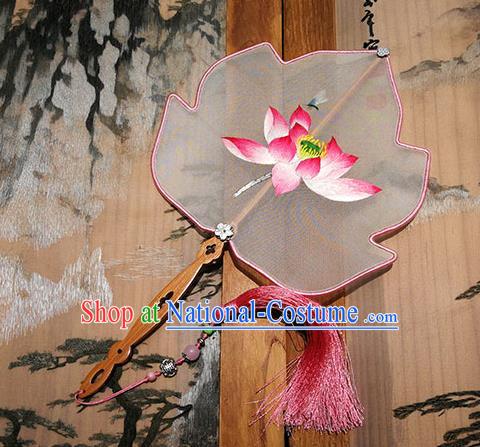 China Traditional Hanfu Fan Handmade Silk Fans Palace Fan Embroidered Pink Lotus Fan