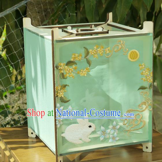 China Traditional New Year Desk Lantern Handmade Embroidered Rabbit Lamp Classical Light Green Cloth Palace Lantern