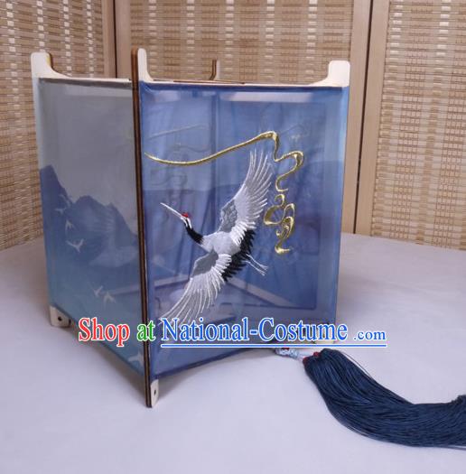 China Classical Blue Cloth Palace Lantern Handmade Embroidered Crane Lamp Traditional Spring Festival Desk Lantern