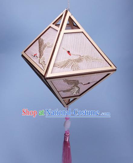 China Traditional Spring Festival Lanterns Handmade Embroidered Crane Portable Lamp Classical Rhombus Palace Lantern