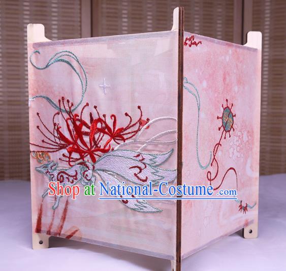 China Classical Palace Lantern Traditional Spring Festival Pink Silk Lanterns Handmade Embroidered Nine Tails Fox Portable Lamp