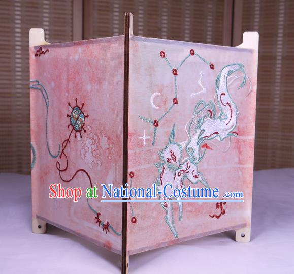 China Classical Palace Lantern Traditional Spring Festival Pink Silk Lanterns Handmade Embroidered Nine Tails Fox Portable Lamp