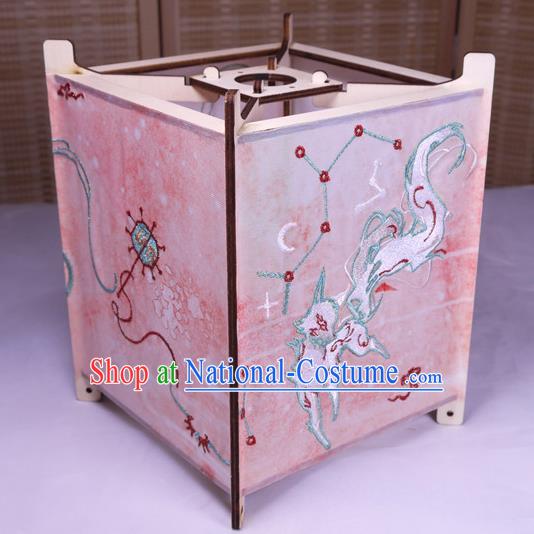 China Classical Palace Lantern Traditional Spring Festival Pink Silk Lanterns Handmade Embroidered Nine Tails Fox Portable Lamp