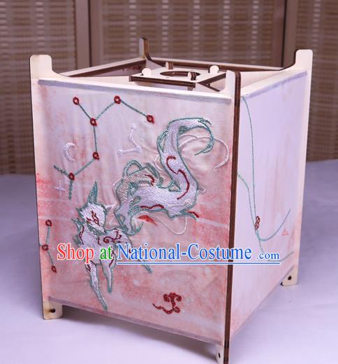 China Classical Palace Lantern Traditional Spring Festival Pink Silk Lanterns Handmade Embroidered Nine Tails Fox Portable Lamp