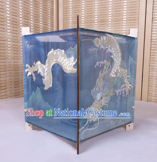 China Handmade Embroidered Dragon Lamp Traditional Spring Festival Desk Lantern Classical Blue Cloth Palace Lantern