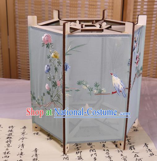 China Traditional Light Blue Silk Hexagon Lanterns Handmade Hanging Lamp Classical Embroidered Peony Palace Lantern