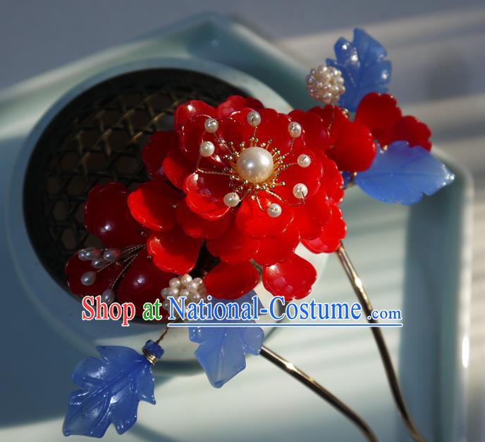 China Ming Dynasty Hair Comb Ancient Palace Princess Red Begonia Hairpin