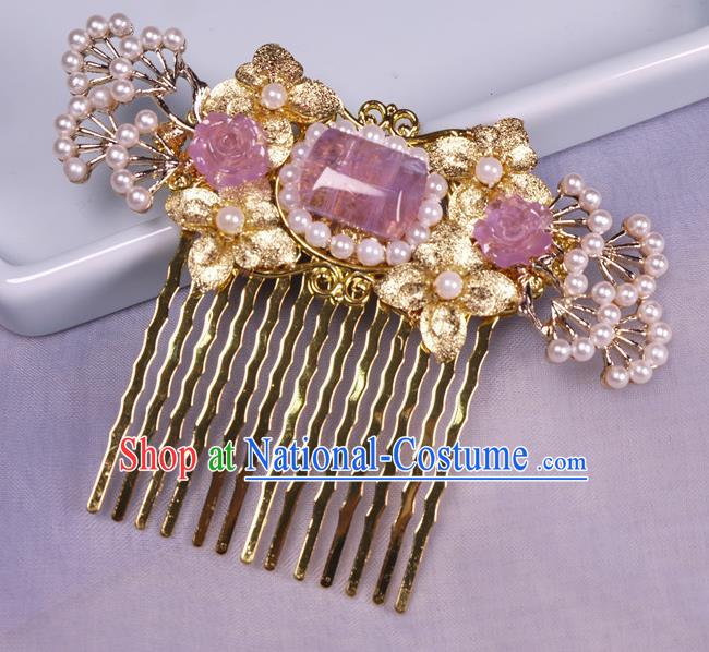 China Tang Dynasty Amethyst Hair Comb Ancient Palace Princess Golden Hairpin