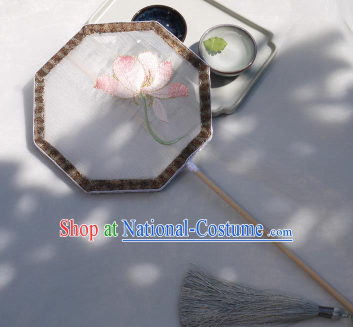 China Classical Silk Fan Traditional Hanfu Octagon Fan Handmade Embroidered Lotus Palace Fan