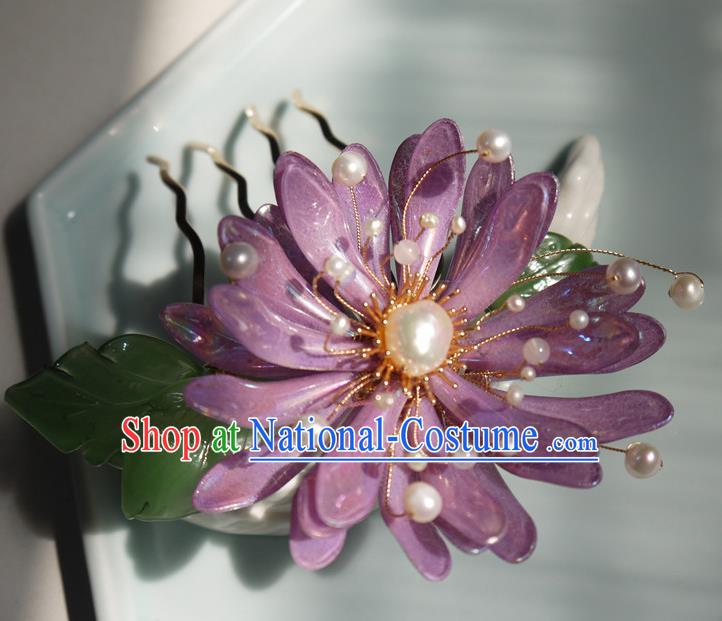 China Handmade Purple Chrysanthemum Hair Comb Traditional Hanfu Pearls Hairpin Hair Accessories