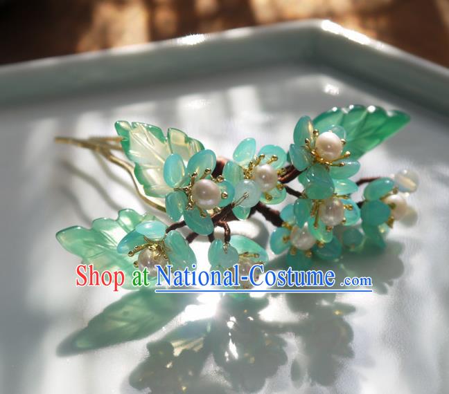 China Traditional Ming Dynasty Hanfu Pearls Hairpin Hair Accessories Handmade Ancient Princess Green Plum Hair Stick