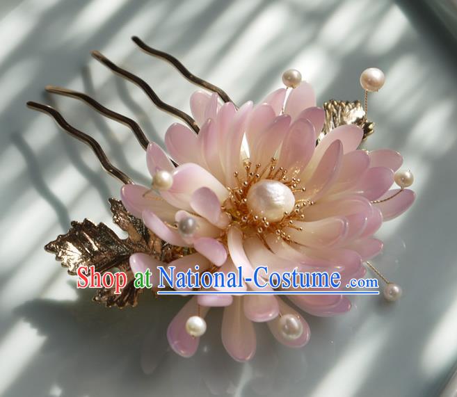 China Traditional Hair Accessories Ming Dynasty Hanfu Pearls Hairpin Handmade Ancient Princess Pink Chrysanthemum Hair Comb