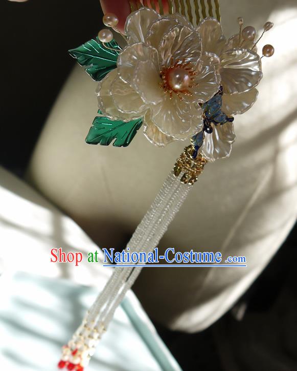 China Handmade Ancient Princess Beads Tassel Hair Comb Traditional Ming Dynasty Shell Gardenia Hairpin