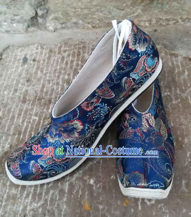 Chinese Traditional Strong Cloth Soles Shoes Song Dynasty Scholar Shoes Ancient Noble Childe Royalblue Brocade Shoes