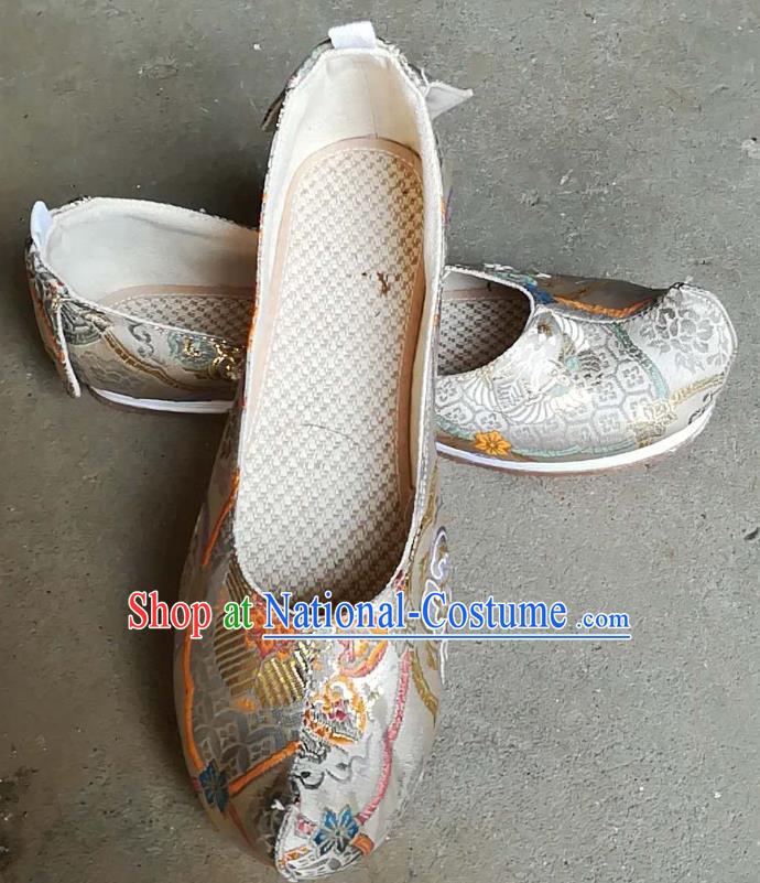 Chinese Ming Dynasty Prince Shoes Traditional Hanfu Shoes Ancient Scholar White Brocade Shoes