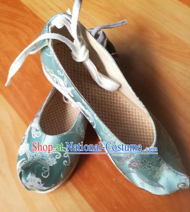 Chinese Handmade Blue Brocade Shoes Traditional Hanfu Bow Shoes Ming Dynasty Prince Shoes