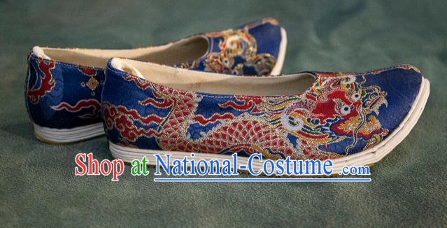 Chinese Traditional Blue Brocade Shoes Hanfu Shoes Ancient Ming Dynasty Shoes for Men