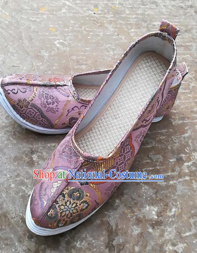 Chinese Traditional Ming Dynasty Hanfu Shoes Handmade Classical Pattern Pink Brocade Shoes