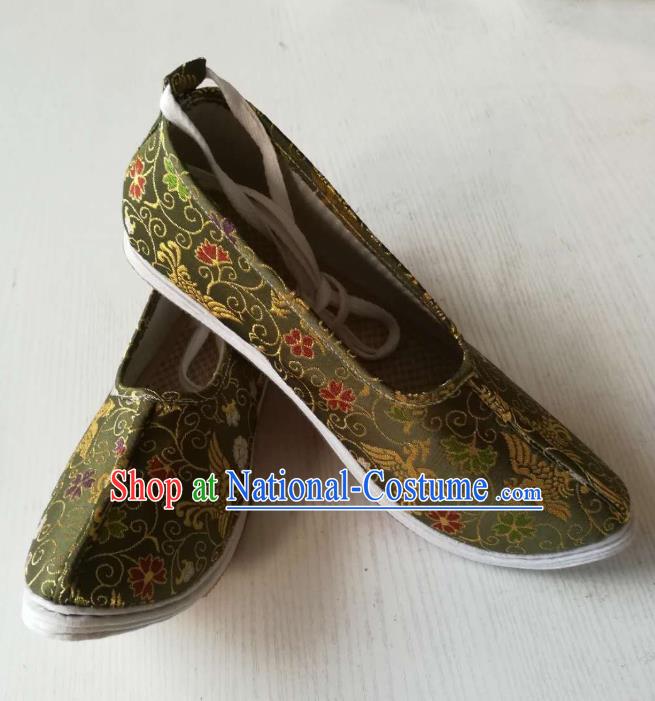 Chinese Traditional Olive Green Hanfu Shoes Wedding Shoes Handmade Classical Phoenix Pattern Brocade Shoes