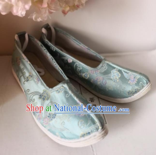 Chinese Traditional Light Blue Hanfu Shoes Wedding Shoes Handmade Classical Peony Pattern Brocade Shoes