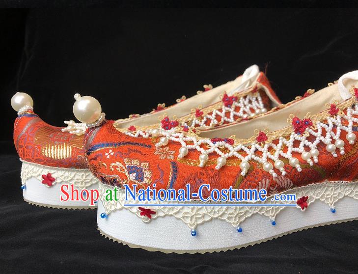 China Classical Red Brocade Shoes Ancient Princess Pearls Shoes Traditional Ming Dynasty Wedding Hanfu Shoes