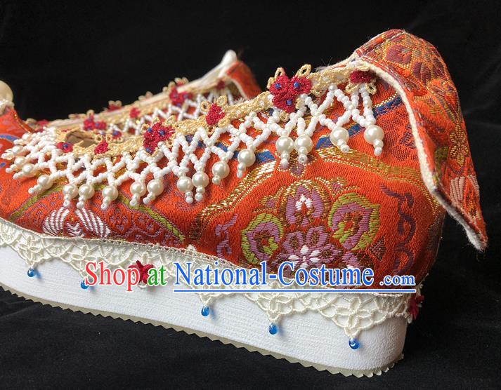 China Classical Red Brocade Shoes Ancient Princess Pearls Shoes Traditional Ming Dynasty Wedding Hanfu Shoes