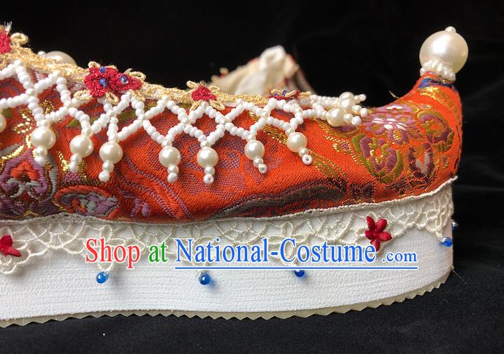 China Classical Red Brocade Shoes Ancient Princess Pearls Shoes Traditional Ming Dynasty Wedding Hanfu Shoes