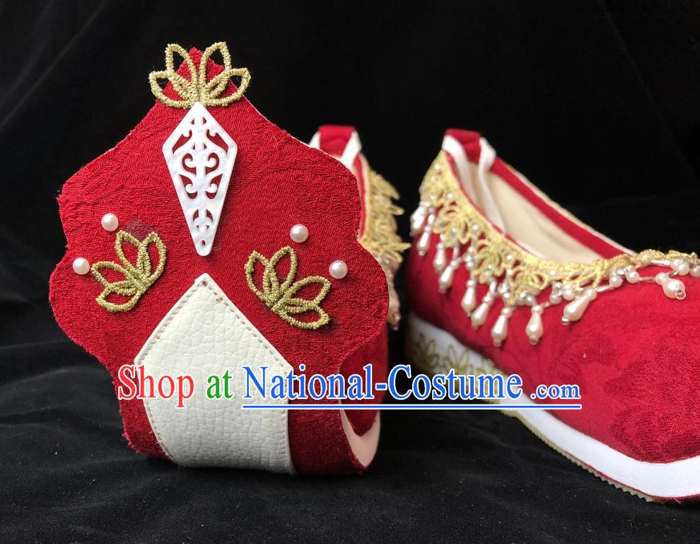 China Ancient Princess Pearls Shoes Classical Wedding Red Cloth Shoes Traditional Tang Dynasty Hanfu Shoes