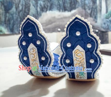 China Hanfu Pearls Shoes Traditional Song Dynasty Princess Shoes Classical Royalblue Brocade Shoes