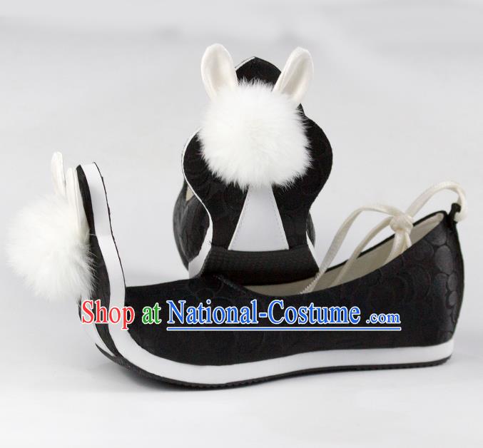 China Traditional Tang Dynasty Princess Shoes Classical Black Brocade Shoes Hanfu Venonat Rabbit Shoes