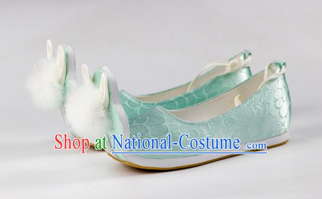 China Hanfu Venonat Rabbit Shoes Traditional Tang Dynasty Princess Shoes Classical Light Green Brocade Shoes