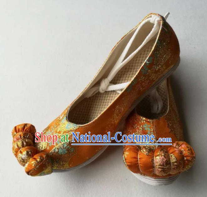 China Classical Brocade Shoes Traditional Song Dynasty Hanfu Shoes Orange Satin Shoes