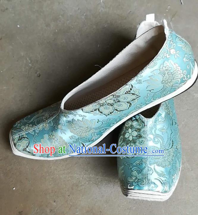 Chinese Ancient Prince Light Blue Brocade Shoes Traditional Song Dynasty Scholar Shoes for Men