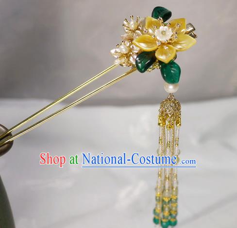 China Traditional Ming Dynasty Shell Jasminum Hairpin Handmade Ancient Princess Beads Tassel Hair Stick