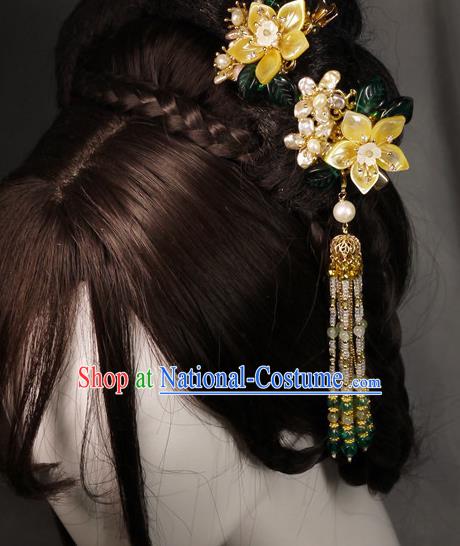 China Traditional Ming Dynasty Shell Jasminum Hairpin Handmade Ancient Princess Beads Tassel Hair Stick