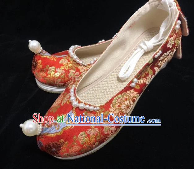 China Handmade Wedding Red Brocade Shoes Hanfu Shoes Traditional Ancient Ming Dynasty Princess Shoes