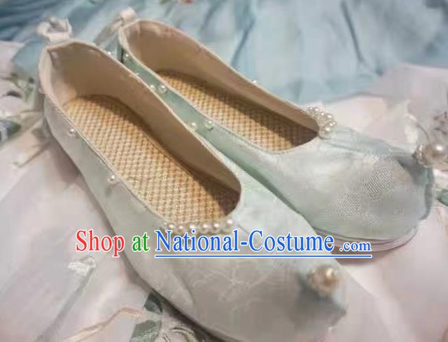 China Hanfu Pearls Shoes Traditional Ancient Ming Dynasty Princess Shoes Handmade Wedding Light Blue Brocade Shoes