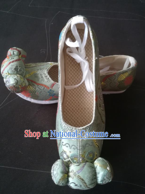 China Handmade Wedding Light Green Brocade Shoes Hanfu Shoes Traditional Ancient Tang Dynasty Princess Shoes