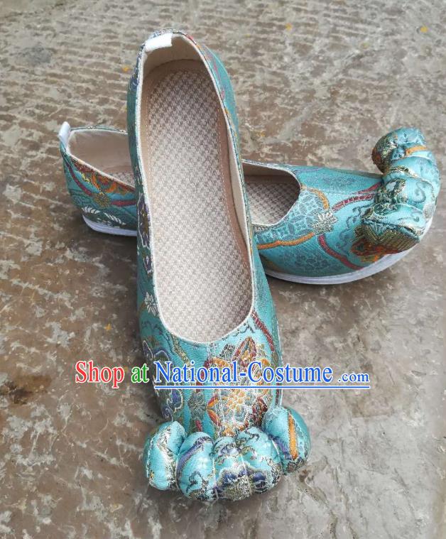 China Handmade Ancient Princess Satin Shoes Classical Blue Brocade Shoes Traditional Song Dynasty Hanfu Shoes