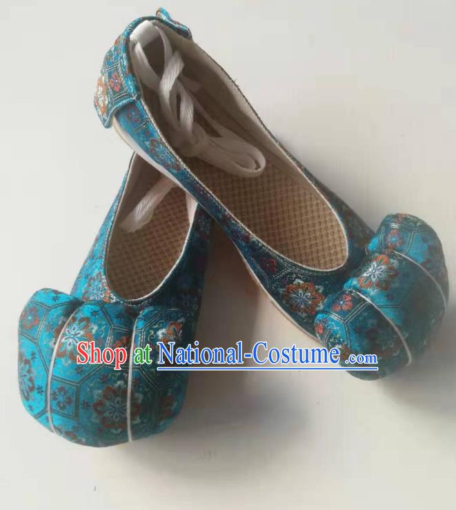 China Traditional Song Dynasty Blue Brocade Shoes Handmade Satin Shoes Ancient Princess Hanfu Shoes