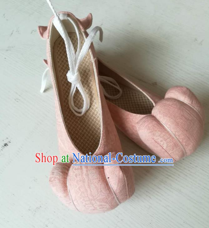 China Ancient Princess Hanfu Shoes Traditional Song Dynasty Pink Flax Shoes Handmade Cloth Shoes